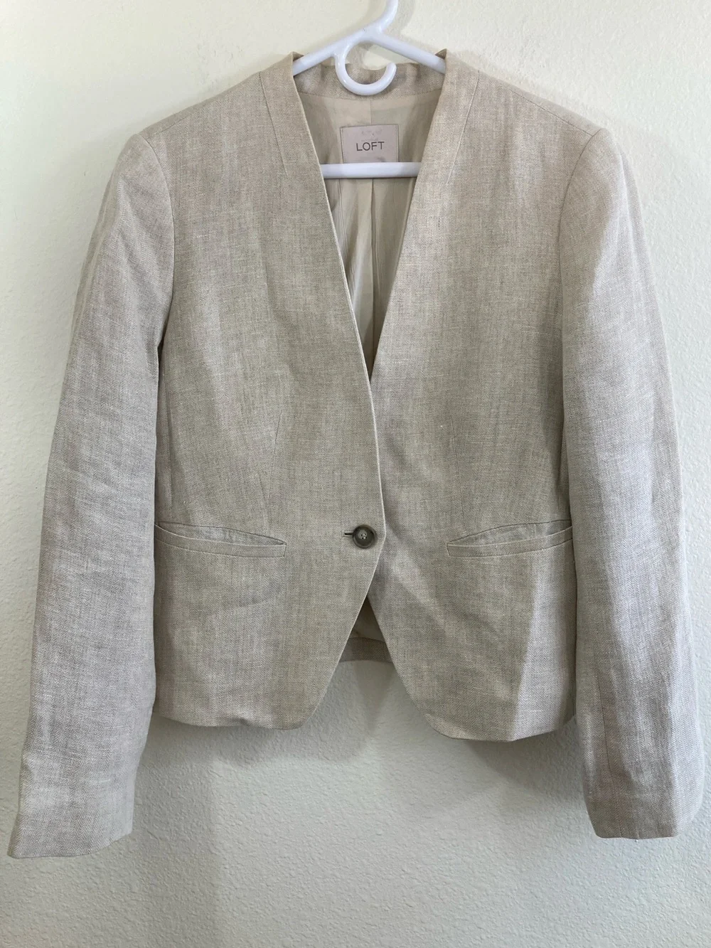 LOFT One Button Herringbone Blazer Size 8 Beige Linen Color Jacket